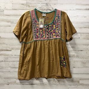 Sacred Threads Tan Floral Embroidered Button Front Blouse